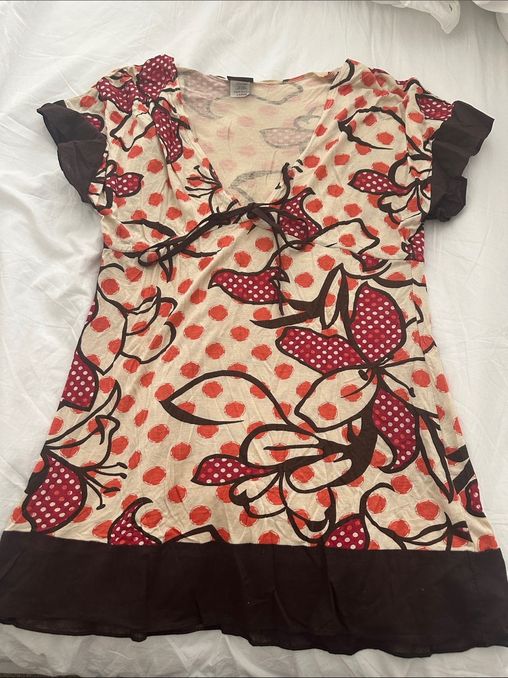 Daytrip Cream Tunic with Red Floral Polka and Brown Trim